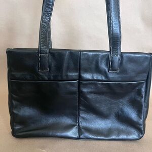 Vtg Perlina Black Genuine Leather Double Strap Handbag Medium Tote Made In Korea
